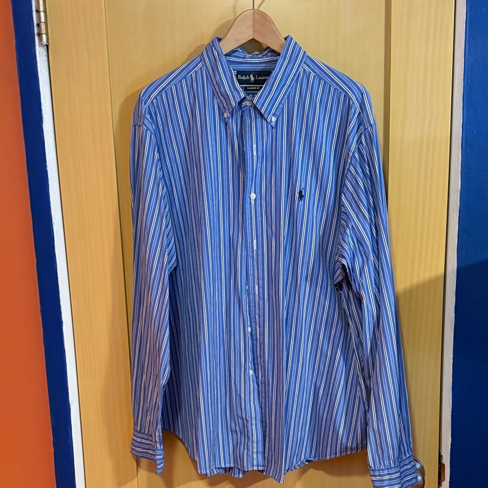 Ralph Lauren Men's Blue and White Striped Shirt